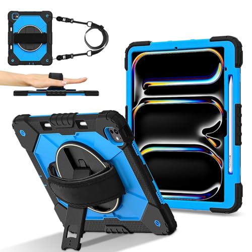 Coque iPad Pro 13 M5 2025 antichoc noire et bleue avec porte-crayon