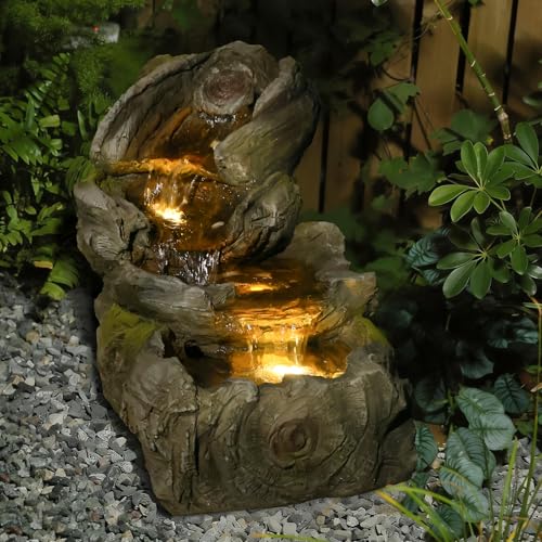 Image of Sunlinua 31.5 inch L Outdoor Water Fountain with 3 Tiers Cascading Realistic Tree Trunk Waterfall Fountains with LED Lights Outdoor Water Fountain for Garden Patio Backyard Porch Home Decor