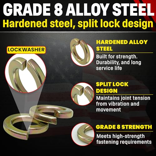 Image of Chenango Supply 5 /8 inch Grade 8 Split Lock Washers | Hardened Alloy Steel, Yellow Zinc Chromate Finish, Heavy Duty Spring Lock Washers for 5 /8-11 Hex Bolts (25 Pieces)