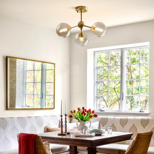 Image of KCO Lighting Small Amber Glass Ceiling Light Bubble Sputnik Chandelier Brass Gold Semi Flush Mount Ceiling Light for Kitchen Bedroom Hallway