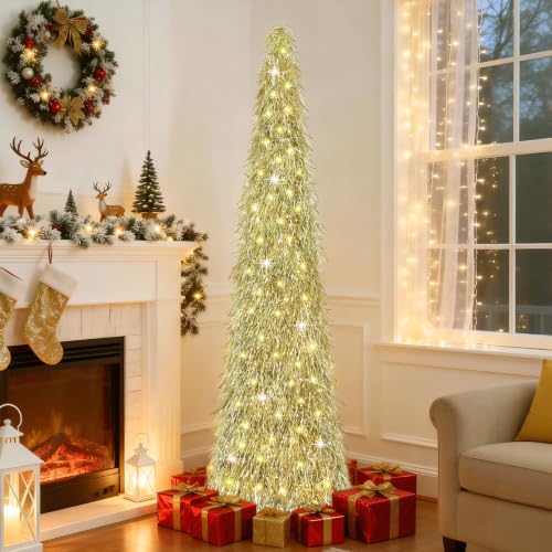 6FT Artificial Shaggy Pop Up Christmas Tree with 100 LEDs, Gold Silver