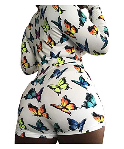 Plus Size V Neck Pajamas for Women, Sexy Bodycon Printed Jumpsuits Long Sleeve Button Onesie Pajama Lounge Sets Sleepwear (White, 5XL)