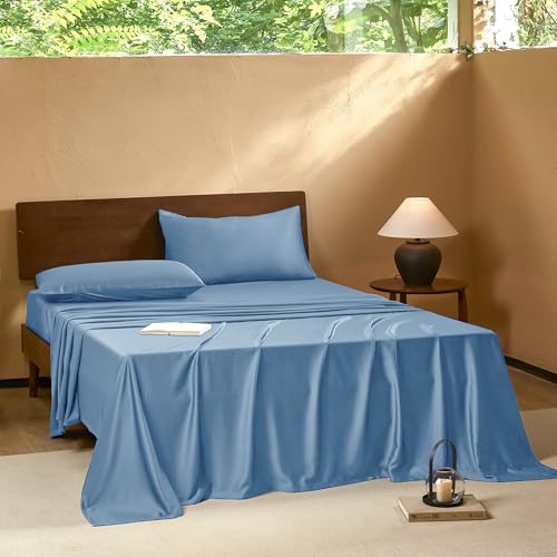 Image of EVERLY Twin Sheets Set, Sky Blue, 3 Piece | 400 Thread Count, Organic Viscose Derived from Bamboo, Cooling Sheets, Deep Pockets