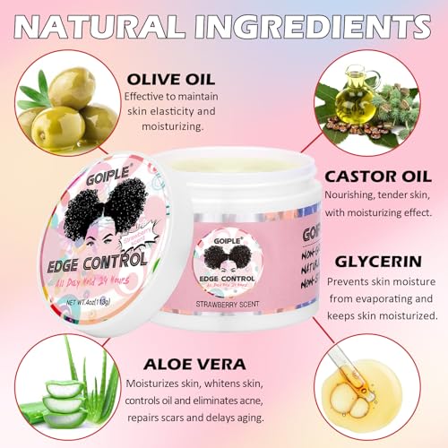 Image of Goiple Edge Control Wax for Women Strong Hold Non-greasy Edge Smoother Strawberry Scent Edge Control Wax + Edge Scarf + Hair Bonnet, Pink