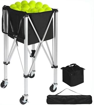 Portable tennis hopper for collecting products can hold 180 balls. The foldable tennis basket, pickleball basket, wheeled teaching vehicle, and the lightweight tennis ball carrier with wheels