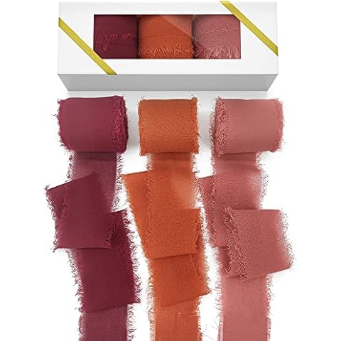 VVAYHUA Band zum Verpacken von Geschenken, 3 Rollen, Fransen, Chiffonbänder, 3,8 cm x 2,7 m, Terrakotta-Band für Hochzeit, Blumensträuße, Geschenkbox-Band (Terrakotta, rostrot, burgunderrot) Cover