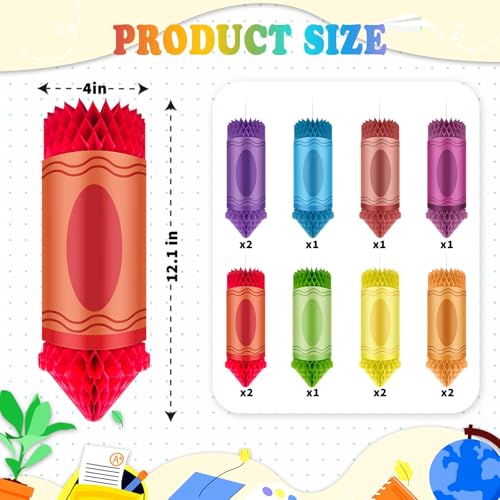 Image of 12PCS Crayon Theme Classroom Decor Preschool Kindergarten Back to School First Day of School Decor Classroom Hanging Ceiling Decorations Colorful Crayon Honeycomb Decorations