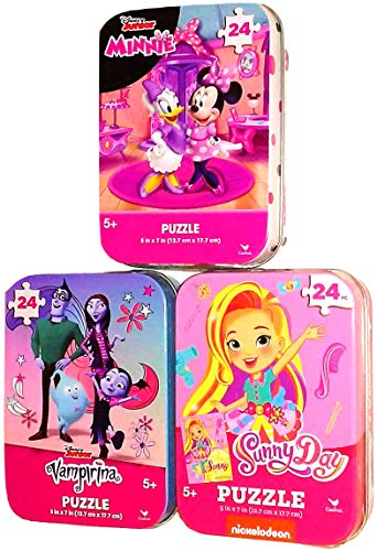 3 Collectible Puzzle Tins for Girls Ages 5+ - Disney Junior and Nick Jr. Bundle Featuring Minnie Mouse and Daisy Duck, Sunny Day, and Vampirina (24 Pieces Each)