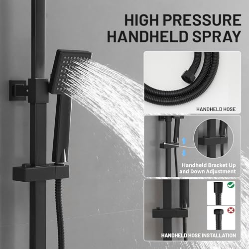 Sistema de ducha expuesta BWE Negro, cabezal de lluvia de 10 pulgadas y ducha de mano, latón | Cabezal de ducha de lluvia de 10 pulgadas, ducha de mano, divisor dual, latón macizo, negro mate, montaje en pared, instalación DIY miniatura 4