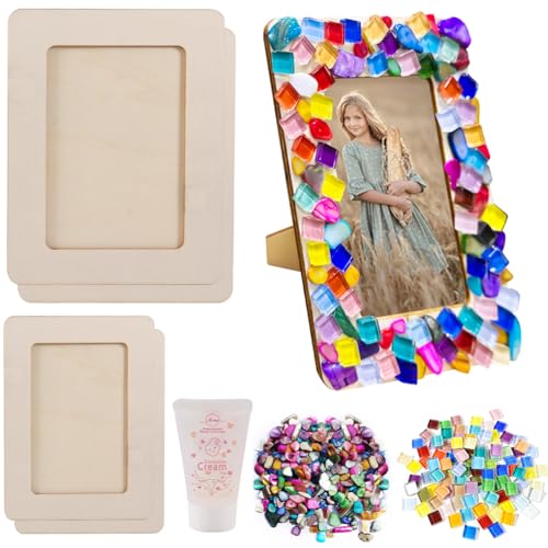 Editbar Mosaik Bilderrahmen Bastelset,Holzbilderrahmen Bastel set, DIY Mosaik Bastelset Kinder,Muschelfragmente, Kristallmosaik, kreatives Basteln,Mosaikgeschenke für Jungen und Mädchen
