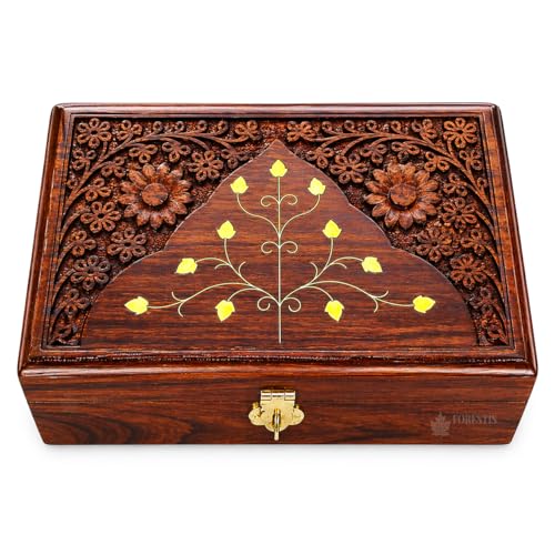 Image of Wooden OM Box for Good Luck| Jewellery Box| Decorative Case| Kit| Vanity| Organiser For Women, Necklaces, cash, gold (Crown Natural, 8X5 Inches)