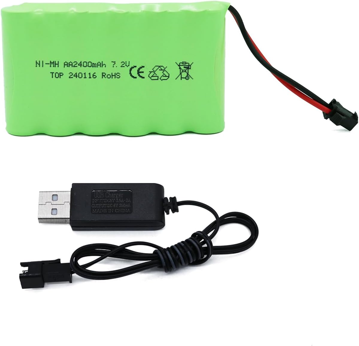 7.2V 2400mAh NiMH Battery - RC Car Rechargeable Battery AA with SM-2P 2 Pin Plug and USB Charge Cable for RC Truck Car Boat High Speed Capacity Cars Vehicles Batteries