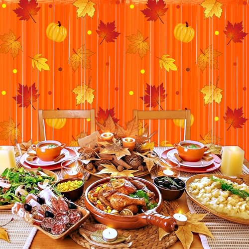 Image of Tiamon Fall Thanksgiving Party Decorations 2 Pack Orange Maple Leaves Pumpkins Pattern Photo Booth Props 3.3 x 6.6 ft Foil Fringe Curtains for Autumn Thanksgiving Birthday Baby Shower Backdrop Decor