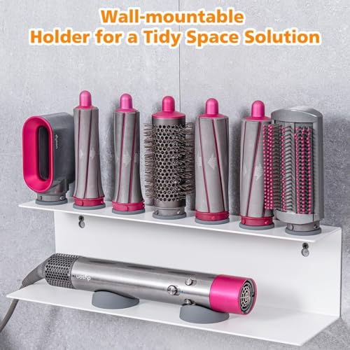 Image of Accessories Holder compatible with Dyson Airwrap Styler - Stylish Organizer Rack Stand, Space-Saving Design - Wall Mount /Countertop - Carbon Steel, Easy Installation (7 Slots, White)
