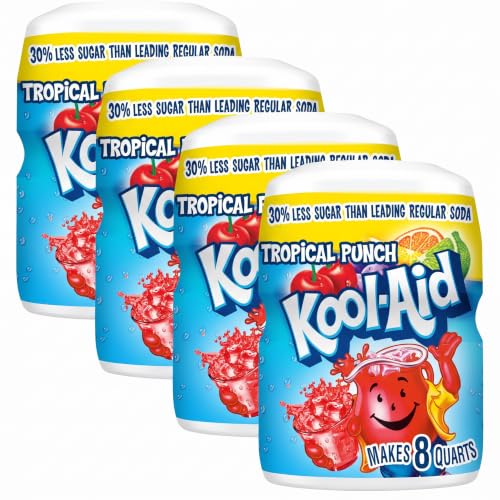 Kool-Aid Drink Mix, Tropical Punch, Powdered, Pack of 4 | Sugar-Sweetened | 19 oz Canister | Summer Blast