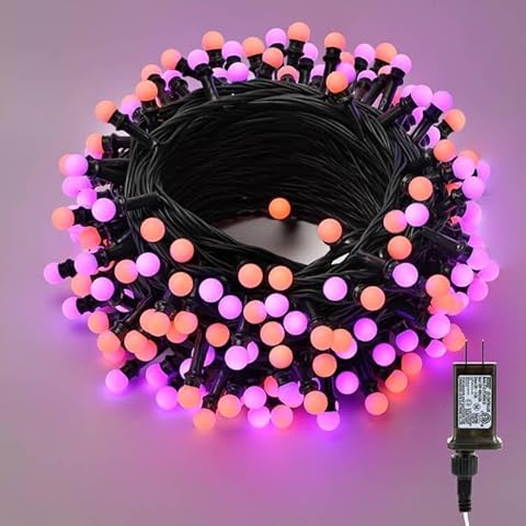 ODEETRONIC Halloween Lights, 65.6ft 200 LED Purple & Orange Globe String Lights, Connectable Berry String Lights, 8 Modes Ball Lights with Timer, Outdoor Halloween Lights for Graden Tree Party Bedroom Cover