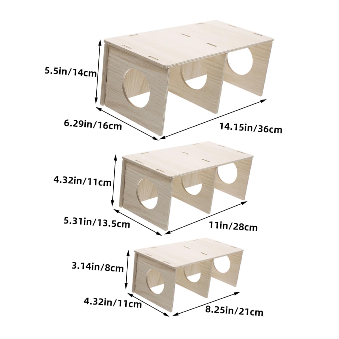 Maison pour Hamster en Bois, Cachette à Plusieurs Pièces, Lot 3 Pièces