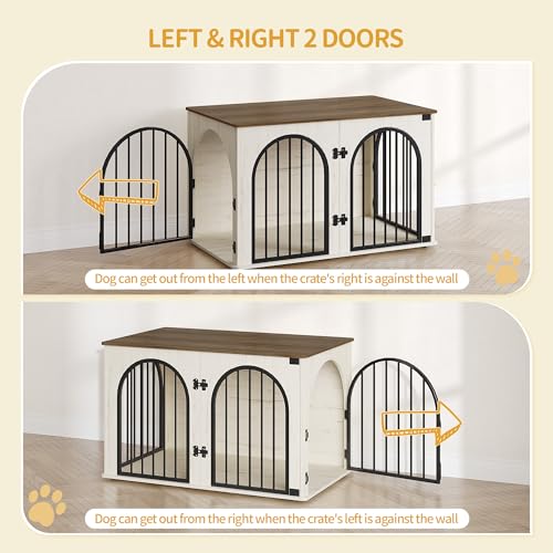 Hzuaneri Hundekäfig Möbel, 100cm Hundebox für Zuhause, 3 Türen, Bogentür, Moderne Hundebox Indoor für Hunde, Beistelltisch, Hundekäfig Hochbelastbar, 100 x 60 x 63 cm, Weiß Braun DFC84114B