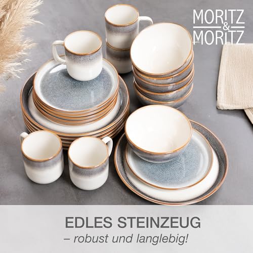 Moritz & Moritz TARENTO 24-tlg. Geschirrset 6 Personen Grau - Elegantes Teller Set aus hochwertigem Steinzeug - Geschirr Set aus 6x Dinnerteller, 6x Dessertteller, 6x Suppenteller und 6x Tassen