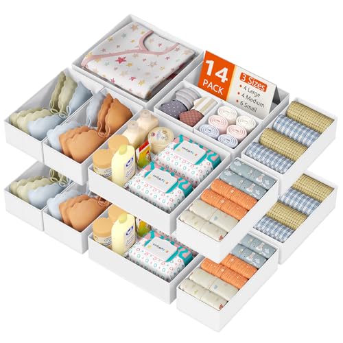 DIMJ Drawer Organizer Clothes, 14 Pack Dresser Organizer, Foldable Closet Organizers and Storage, Fabric Dresser Bins, Drawer Dividers for Nursery, Baby Clothes, Underwears, Sock (White)