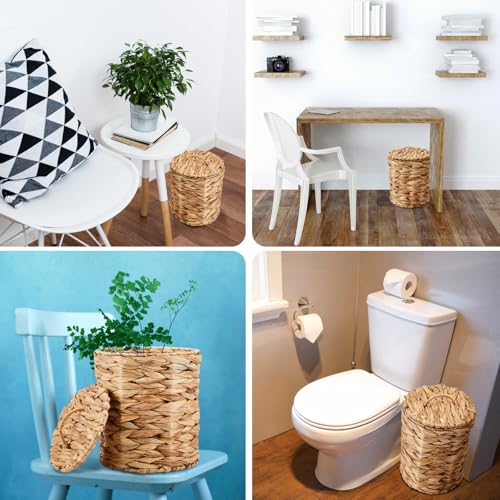 Image of Ctosree 3.8 Gallons Large Wicker Trash Can with Lid Handle Woven Wicker Rattan Bathroom Waste Basket Boho Trash Basket with 100 Plastic Garbage Bags for Bedroom Office Laundry (Classic Style, Nautral)