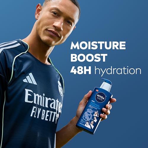 Image of NIVEA MEN Real Madrid Limited Edition Design Maximum Hydration 48-Hour Moisture Body Lotion for Dry Skin, Aloe Vera Lotion for Men, 3-in-1 Body, Face and Hands, 16.9 Fl Oz Bottle (Pack of 12)