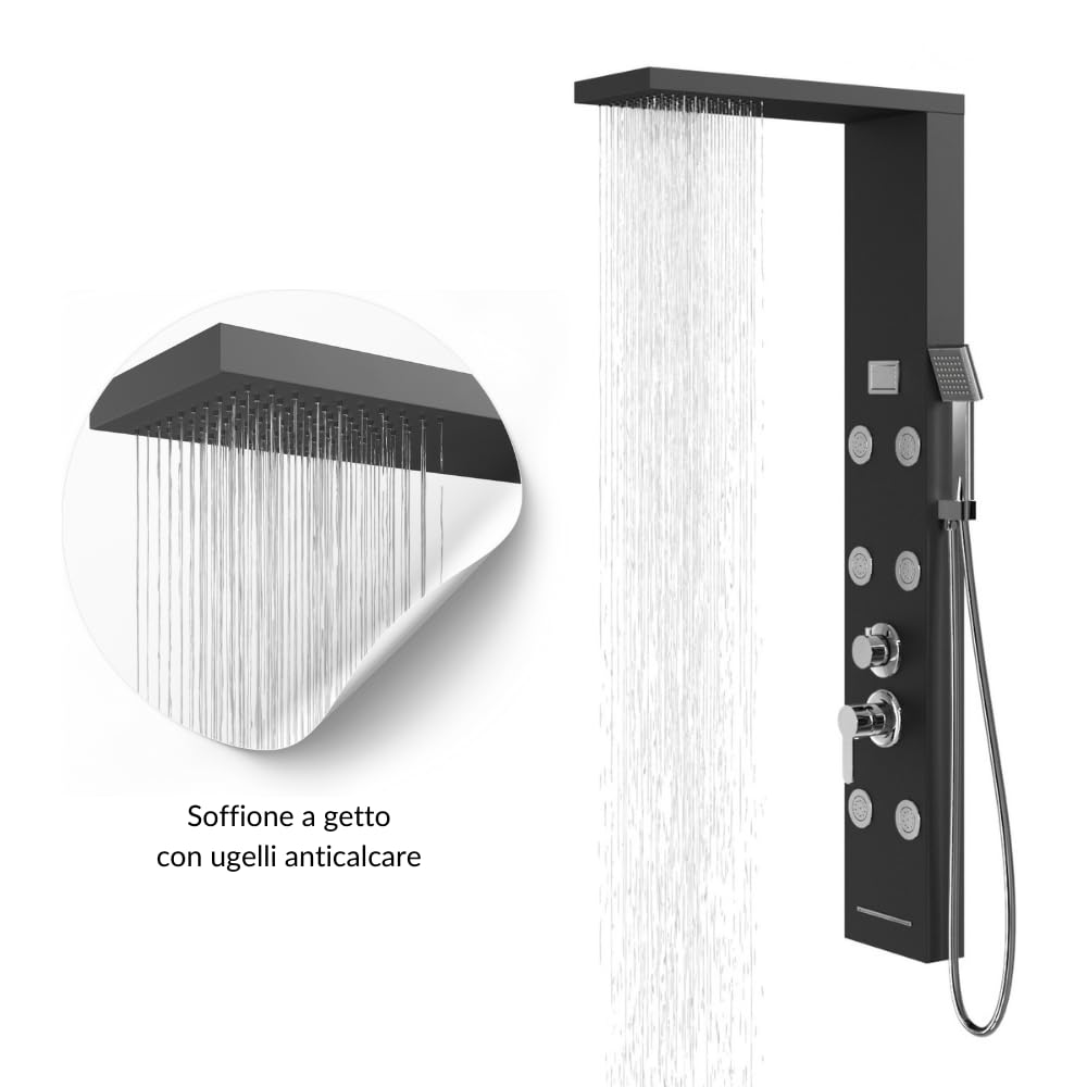 Colonna Pannello Doccia Nero Satinato 4 Funzioni York-1 Black Display Controllo Temperatura Cascata Getto 6 Idrogetti Lombari Doccetta con Flessibile