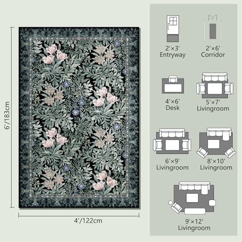 Image of Washable Area Rugs 4x6 Black Green Vintage Floral Botanical Pattern,Perfect for Living Room, Bedroom, Kids Room, Nursery - Stain & Water Resistant Non-Slip, Pet & Child Friendly /Bedroom Decor