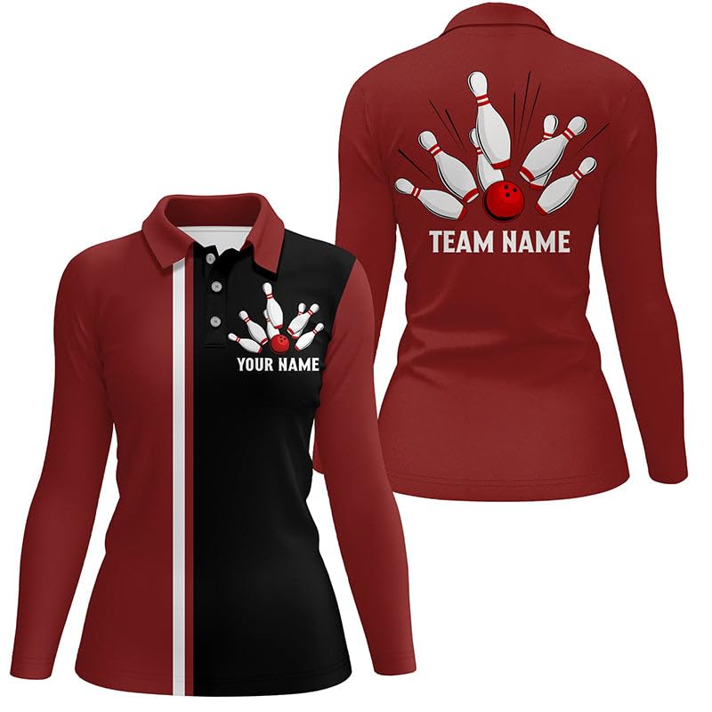 Personalisiertes Rot-Weiß-Schwarzes Retro-Bowling-Shirt mit Polo & Viertelreißverschluss für Männer & Frauen, individuelle Bowling-Teamtrikots T135