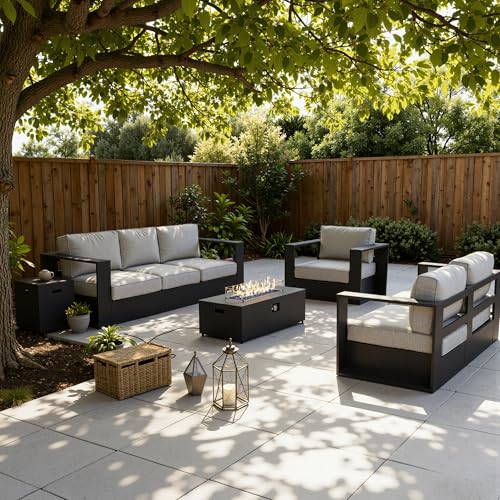 Image of LayinSun Oversized Aluminum Outdoor Furniture Set, 4 Piece Patio Sofa Sets with Fire Pit Table, Deep Seating and Upgraded 6-inch Cushions for Porch, Balcony, Deck