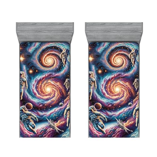 Ambesonne Outer Galaxy 2 Pack Fitted Sheet, Futurist Astronauts, Bed Cover All-Round Elastic Deep Pockets 2 Pieces, Package Contains 2 Twin XL Size Fitted Sheets, Purple Blue Multicolor