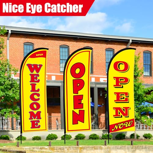 Image of Buryeah 3 Sets Now Open Feather Flag Banner for Business Advertising 7 Feet Tall Grand Opening Feather Flag Sign with Fiberglass Pole Kit Rotating Ground Spike and Portable Bag (Yellow)