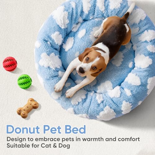 Image of Donut Dog Bed for Small Dogs 20 Inch Round Cat Beds for Indoor Cats Circle Cuddler Pet Bed Fluffy Warm Puppy Bed Removable Washable Cover Anti-Slip Bottom, Blue /White Cloud