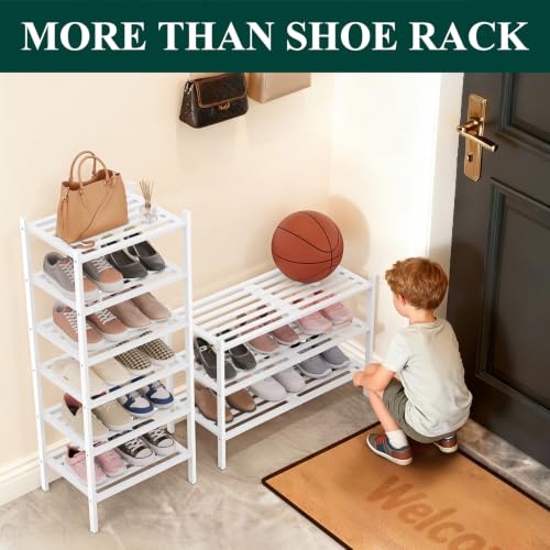 Image of Smiry Bamboo Shoe Rack, 5 Horizontal Slats, 3 Tier - 26.8 inch Wide, White