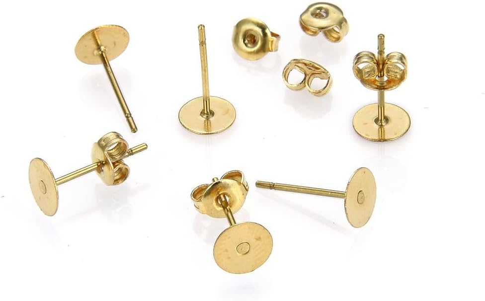 50pcs Raw Brass Earring Posts 8mm Flat Board Glue On Setting 50pcs Earnut Backs Unplated/Uncoated for DIY Craft Earrings Jewelry Making CX209-8