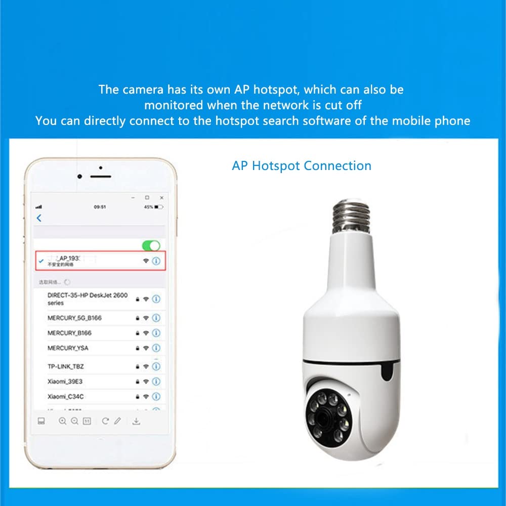 Cam�Ra � Ampoule � T�Te Mobile � 360 �, Cam�Ra de S�Curit� WiFi HD, Cam�Ra de Plafond � D�Fense avec Alarme Sonore et Lumineuse