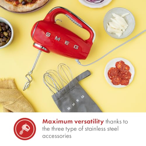 Image of SMEG HMF01 9-Speed Retro Hand Mixer - 220W Motor, Smooth Start, Turbo Function, LED Timer Display, Stainless Steel Whisks, Beaters & Dough Hooks, Premium Die-Cast Aluminum Body