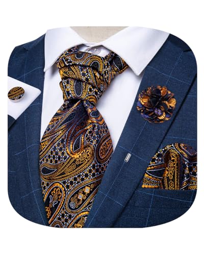 Image of DiBanGu Mens Silk Ascot Ties Paisley Jacquard Woven Cravat and Pocket Square Cufflinks with Lapel Pin for Business Wedding