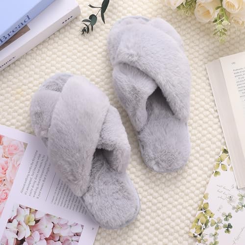 Image of VAIPI 6 Pairs Womens Cross Band Slippers Fuzzy Plush House Bridesmaid Slipper White | Black | Pink Open Toe Fluffy Slipper Soft Warm Bridal Slippers