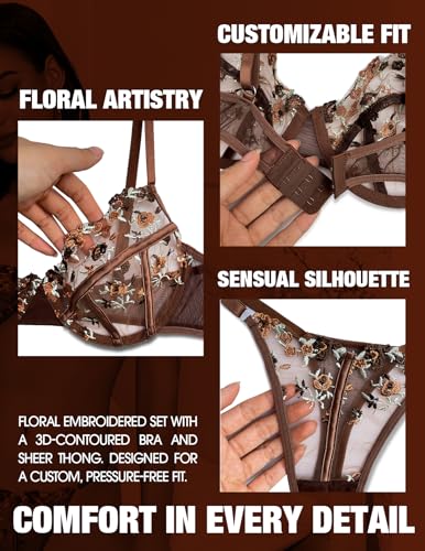 Image of Lingerie Sexy Bra and Panty Set for Women See Through Sheer Underwear Cute Exotic Floral Embroidery Babydoll Set