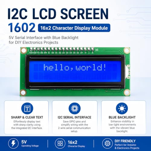 Image of 10 Packs I2C LCD Screen 1602 16x2 Character Display Module, 5V Serial Interface with Blue Backlight for DIY Electronics Projects