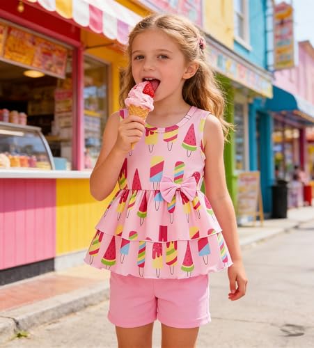 Image of Girls 2 Piece Outfit Summer Short Set Sleeveless Bow Knot Tank Top and Shorts Cute Clothes for Toddler Girls