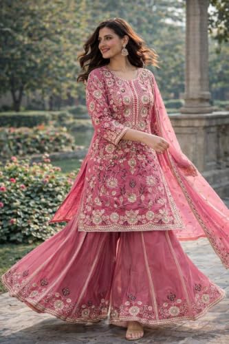 Image of Anveri Women's Pink Embroidered Kurta with Sharara and Dupatta Set | wedding | party | festival