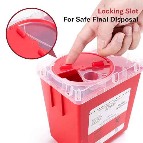 Image of Alcedo 2 Quart Sharps Container (5-Pack) for Needle & Syringe Disposal | Small & Portable, Built-In Needle Removal Port, Clear Lid, Ideal for Home, Travel & Professional Use