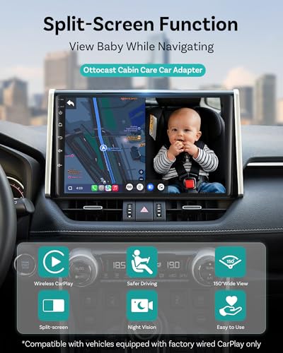 Image of OTTOCAST Cabin Care Baby Car Camera with Wireless CarPlay Adapter, 1080P HD Baby Monitor with IR Night Vision, 150 Wide Angle, Real-Time Rear Seat View On Car Screen, Easy Install