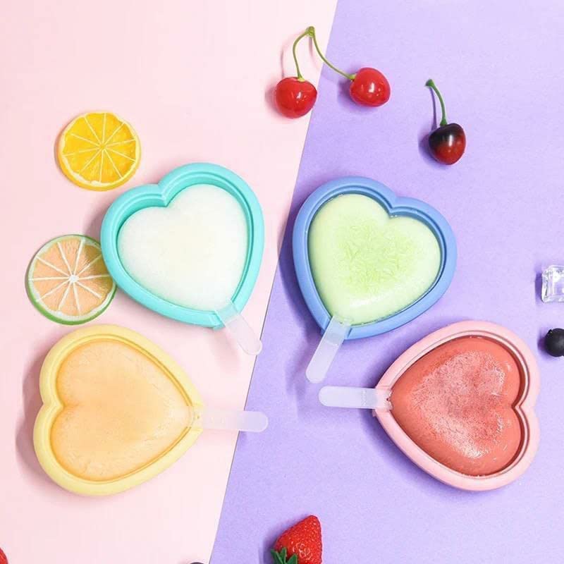 Ice Cube Tray - ON STORE Ice Cube Tray with Silicon Ice Mold Trays Flexible Silicone Heart Shape Ice Pop Mold for DIY with Lid Multicolor Set of 4pis. (Heart Shape Ice Pop)