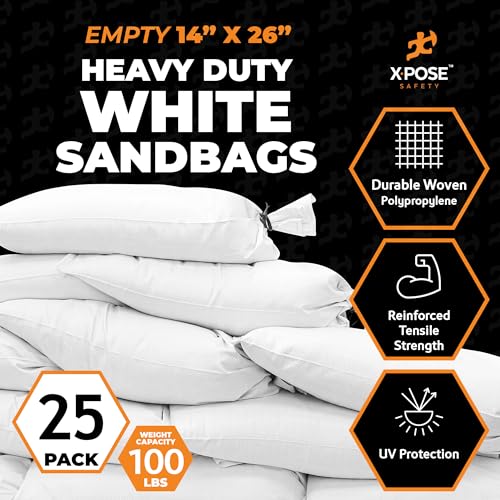 Image of Xpose Safety Heavy Duty Sand Bags with Tie Strings - Empty Woven Polypropylene Sandbags for Hurricane Flood Protection, 100 lb Capacity, 14 inch x 26 inch, White, Pack of 25