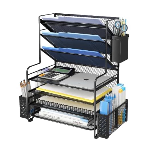 Simple Trending 7 Tier Desk File Organizer, Letter Tray Paper Organizer with Pen Holder and Metal Hanging Basket, Black