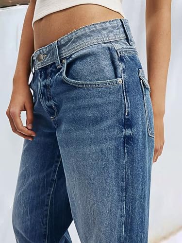 Flamingals Low Waist Straight Leg Jeans for Women Vintage Wash Stretch Denim Pants4