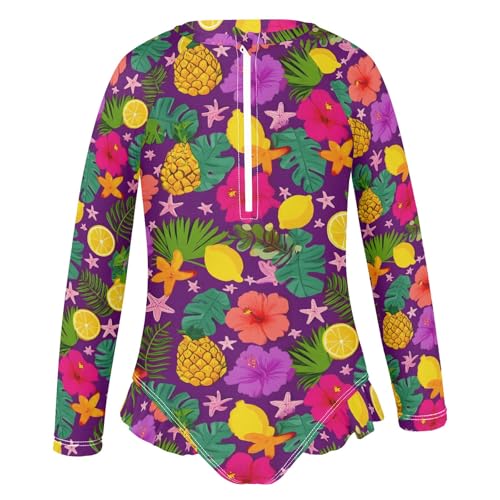 ALAZA Toddler Swimsuit Girl Bathing Suit Swimwear Rash Guard Pineapple Hibiscus Flower Long Sleeve 3T2